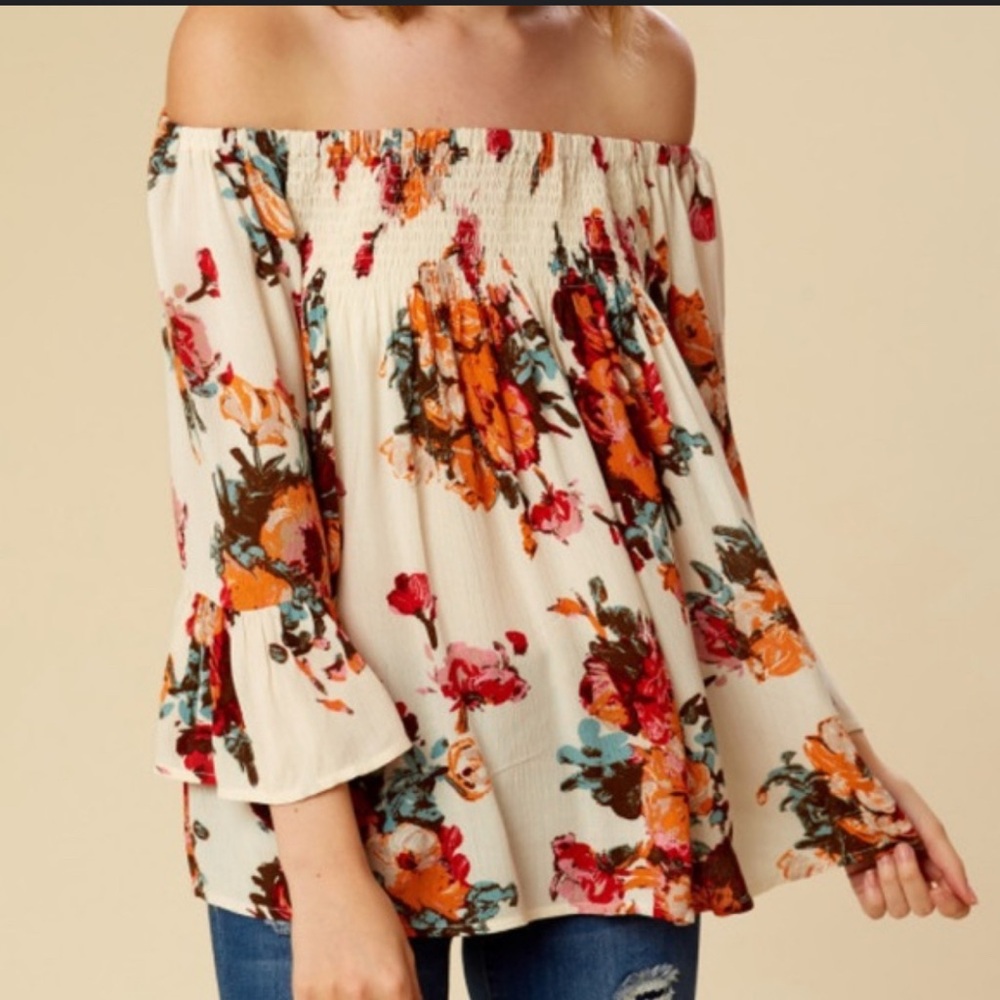 Altar'd State Women's Small Ivory Floral Print Off The Shoulder Pullover Blouse‎
